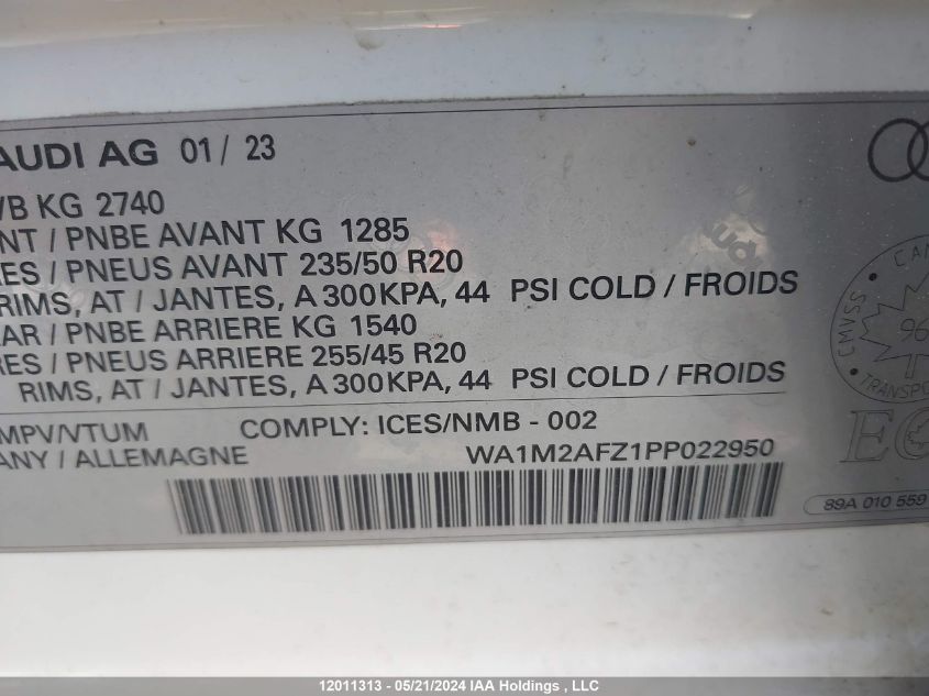 2023 Audi Q4 E-Tron VIN: WA1M2AFZ1PP022950 Lot: 12011313