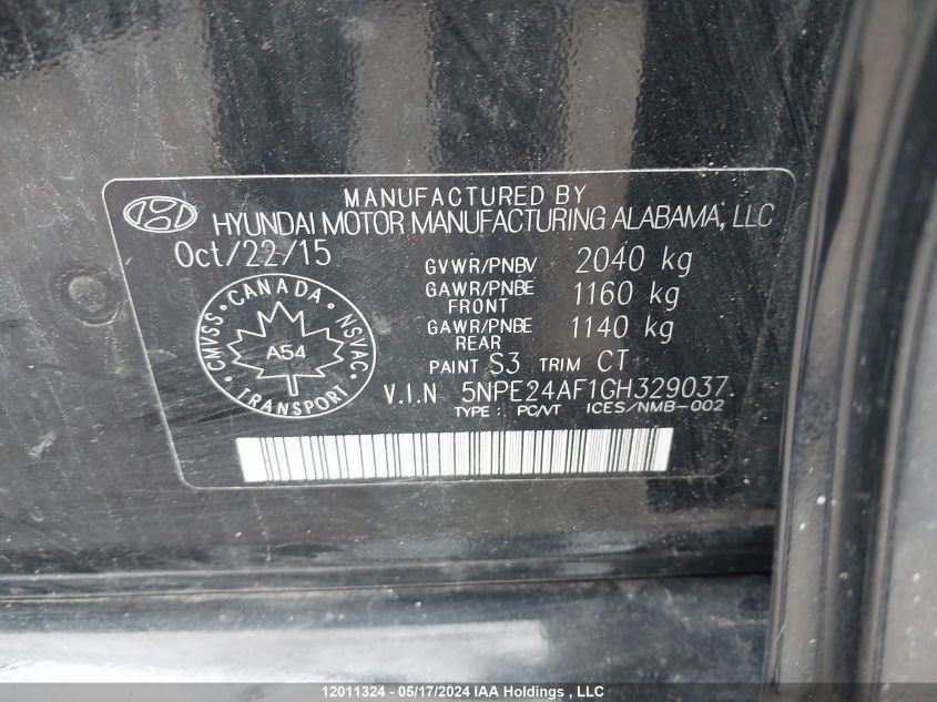 2016 Hyundai Sonata Gls Special Edition VIN: 5NPE24AF1GH329037 Lot: 12011324