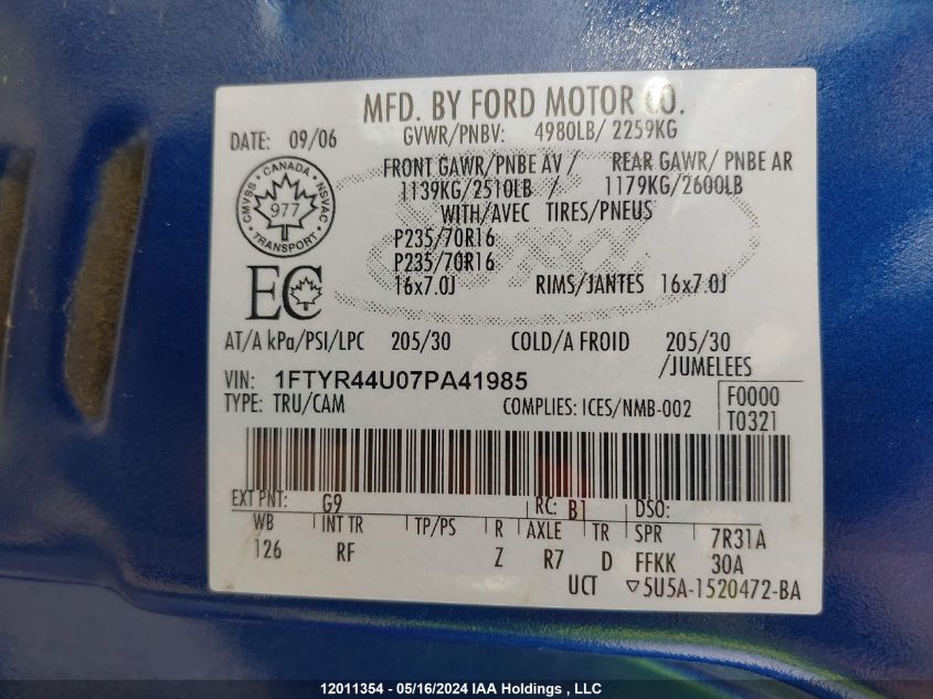 2007 Ford Ranger Super Cab VIN: 1FTYR44U07PA41985 Lot: 12011354