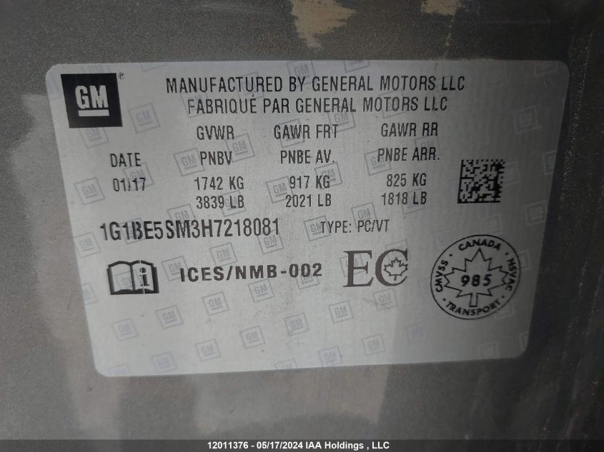 2017 Chevrolet Cruze VIN: 1G1BE5SM3H7218081 Lot: 12011376