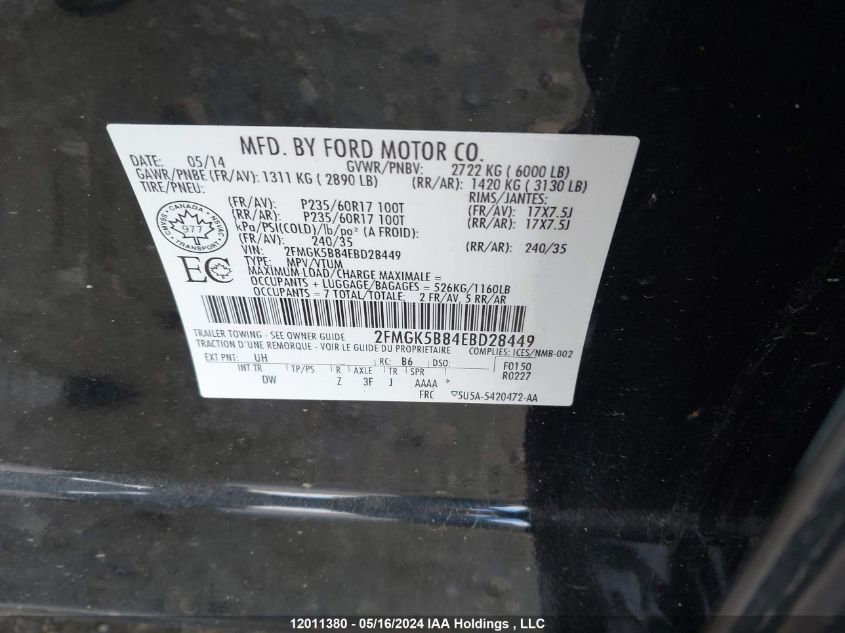 2014 Ford Flex Se VIN: 2FMGK5B84EBD28449 Lot: 12011380