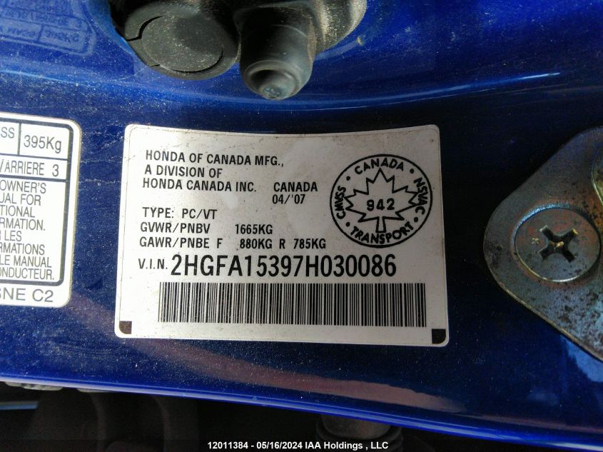 2007 Honda Civic Sdn VIN: 2HGFA15397H030086 Lot: 12011384