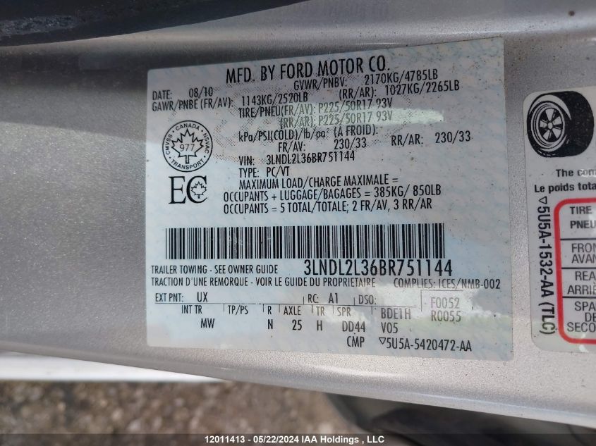 2011 Lincoln Mkz Hybrid VIN: 3LNDL2L36BR751144 Lot: 12011413