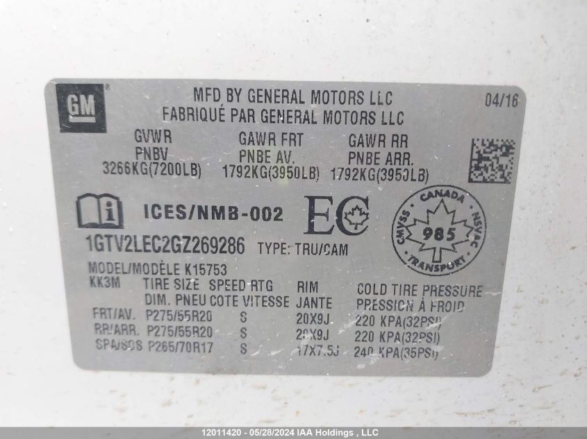 2016 GMC Sierra 1500 VIN: 1GTV2LEC2GZ269286 Lot: 12011420
