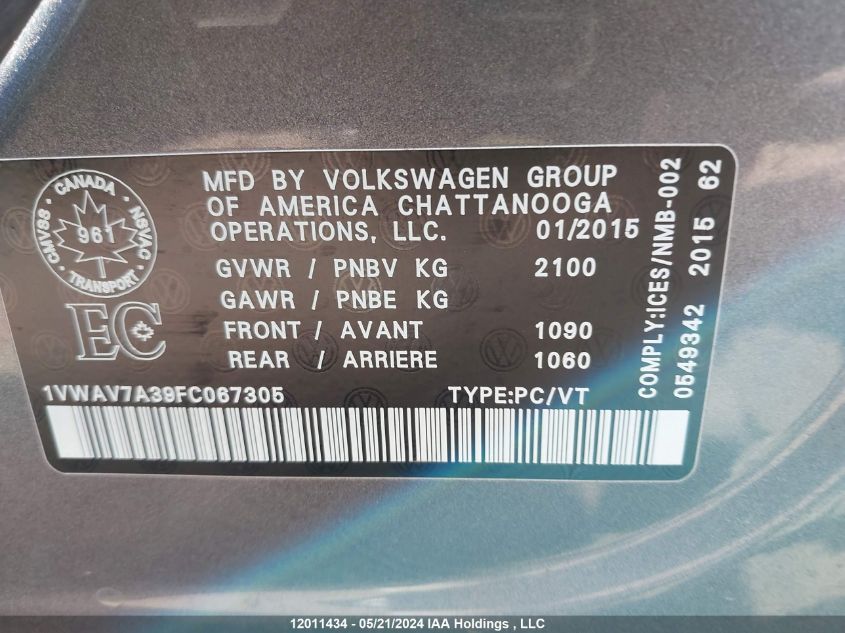 2015 Volkswagen Passat VIN: 1VWAV7A39FC067305 Lot: 12011434