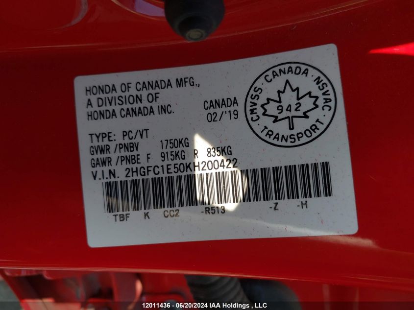 2019 Honda Civic VIN: 2HGFC1E50KH200422 Lot: 12011436