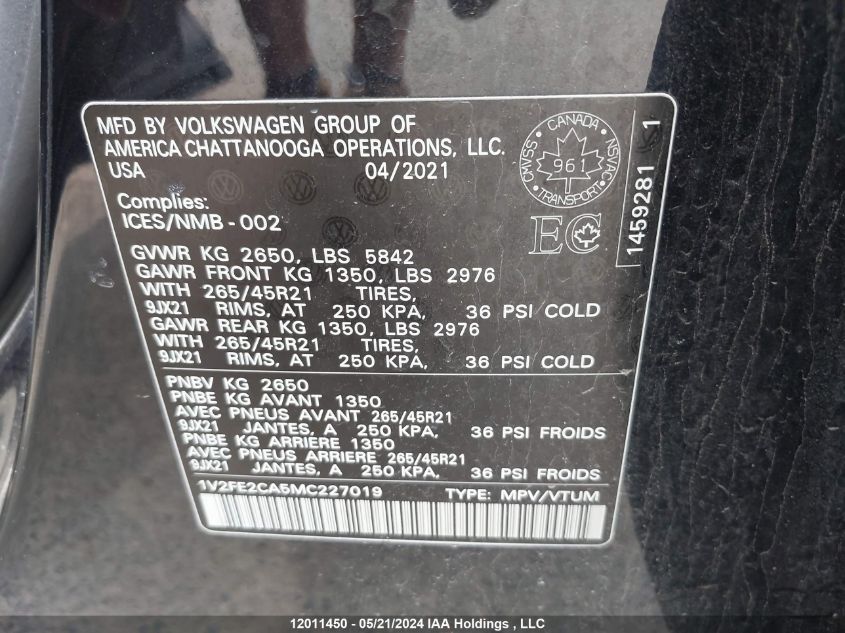 2021 Volkswagen Atlas Cross Sport VIN: 1V2FE2CA5MC227019 Lot: 12011450