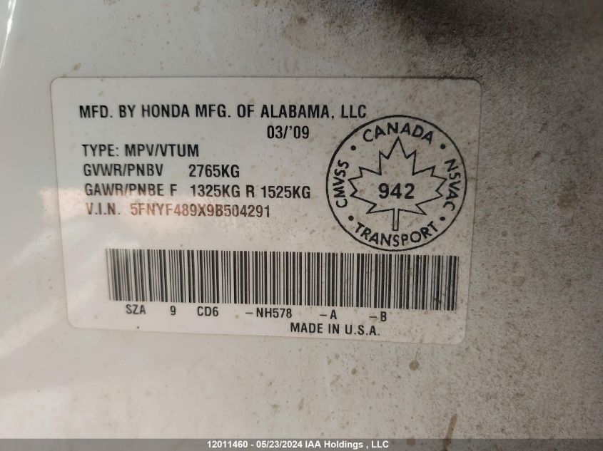2009 Honda Pilot VIN: 5FNYF489X9B504291 Lot: 12011460