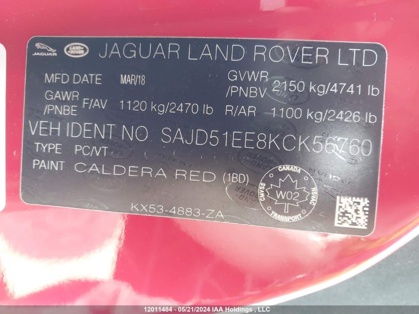 2019 Jaguar F-Type VIN: SAJD51EE8KCK56760 Lot: 12011484