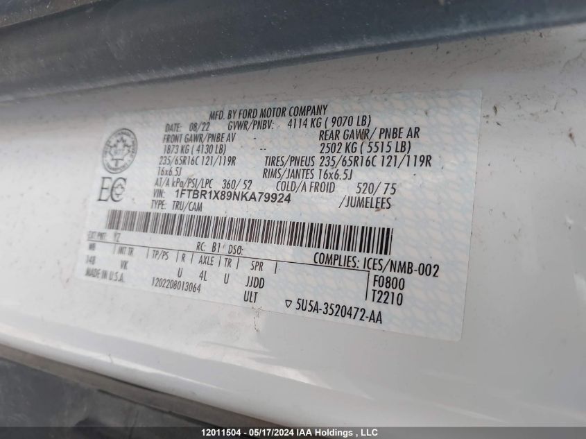 2022 Ford Transit T-250 VIN: 1FTBR1X89NKA79924 Lot: 12011504