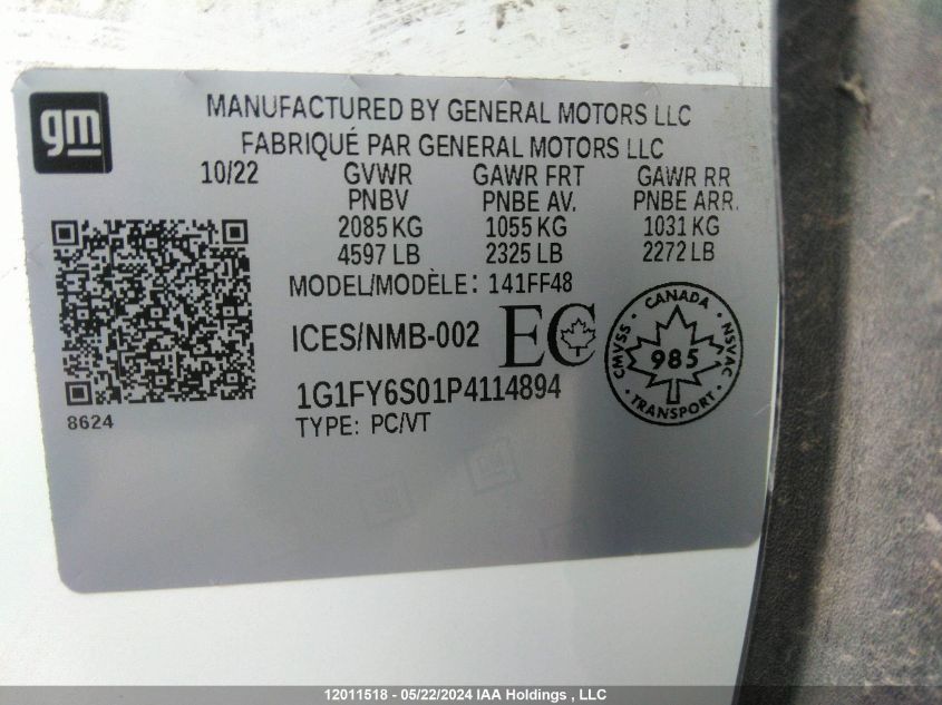 2023 Chevrolet Bolt Euv VIN: 1G1FY6S01P4114894 Lot: 12011518