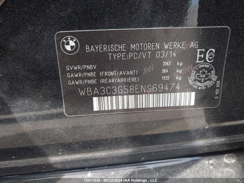 2014 BMW 320 I xDrive VIN: WBA3C3G58ENS69474 Lot: 12011525