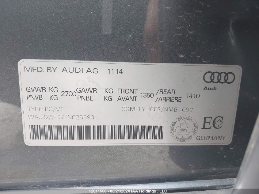 2015 Audi A8 VIN: WAUJ2AFD7FN025890 Lot: 12011558