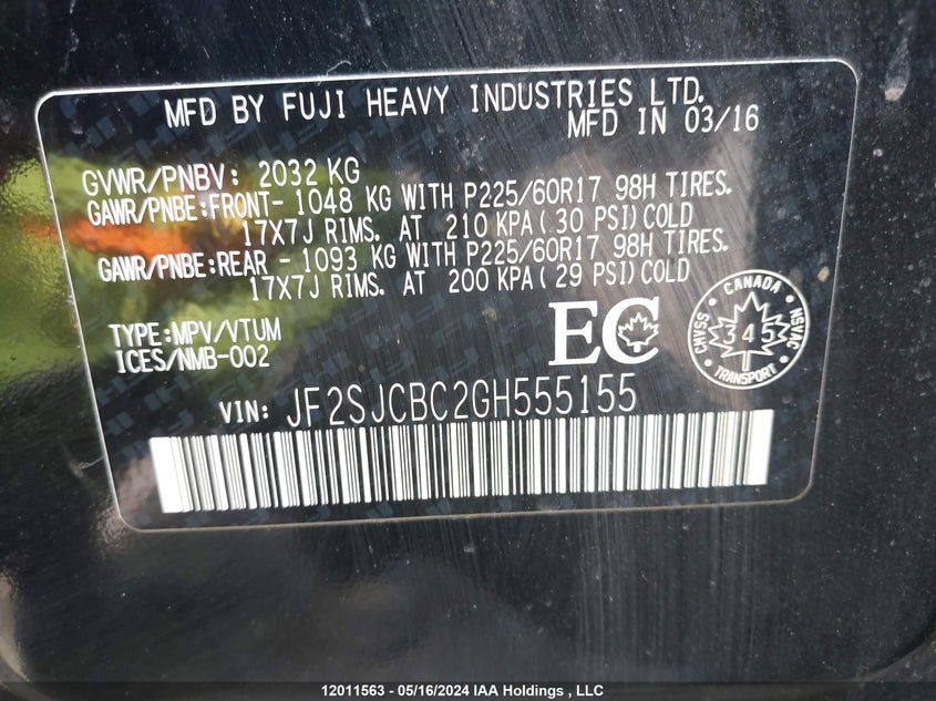 2016 Subaru Forester VIN: JF2SJCBC2GH555155 Lot: 12011563