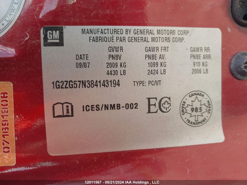 2008 Pontiac G6 VIN: 1G2ZG57N384143194 Lot: 12011567
