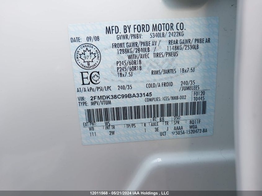 2009 Ford Edge Sel VIN: 2FMDK38C99BA33145 Lot: 12011568