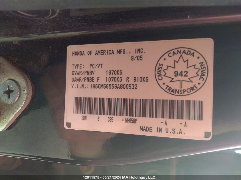 2006 Honda Accord Ex VIN: 1HGCM66556A800532 Lot: 12011575