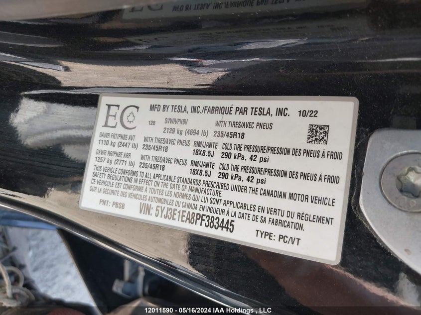 2023 Tesla Model 3 VIN: 5YJ3E1EA8PF383445 Lot: 12011590