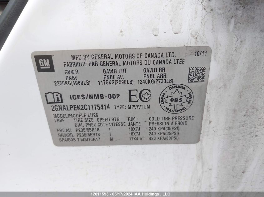 2012 Chevrolet Equinox Lt VIN: 2GNALPEK2C1175414 Lot: 12011593