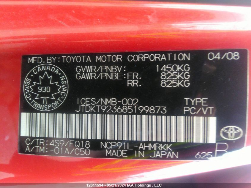 2008 Toyota Yaris VIN: JTDKT923685199873 Lot: 12011594