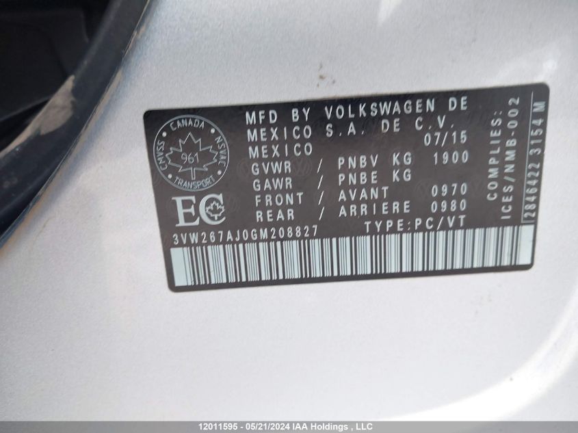 2016 Volkswagen Jetta VIN: 3VW267AJ0GM208827 Lot: 12011595