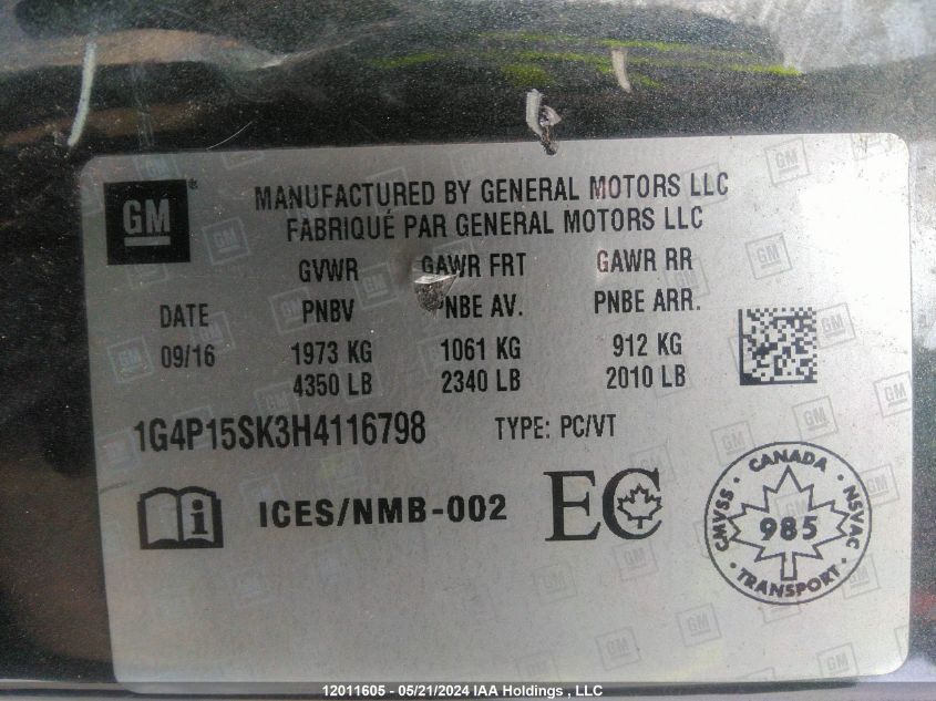 2017 Buick Verano VIN: 1G4P15SK3H4116798 Lot: 12011605