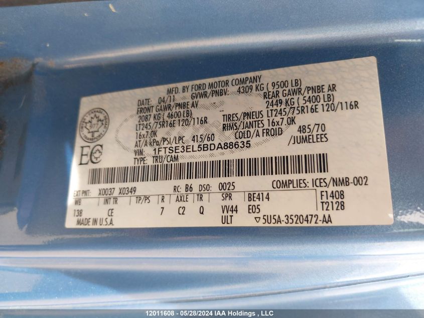 2011 Ford Econoline E350 Super Duty Van VIN: 1FTSE3EL5BDA88635 Lot: 12011608