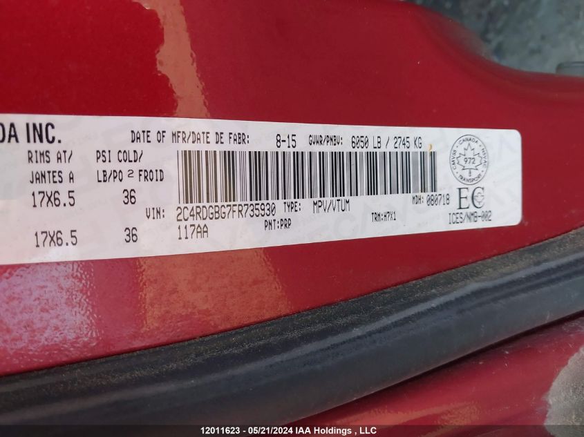 2015 Dodge Grand Caravan Se/Sxt VIN: 2C4RDGBG7FR735930 Lot: 12011623