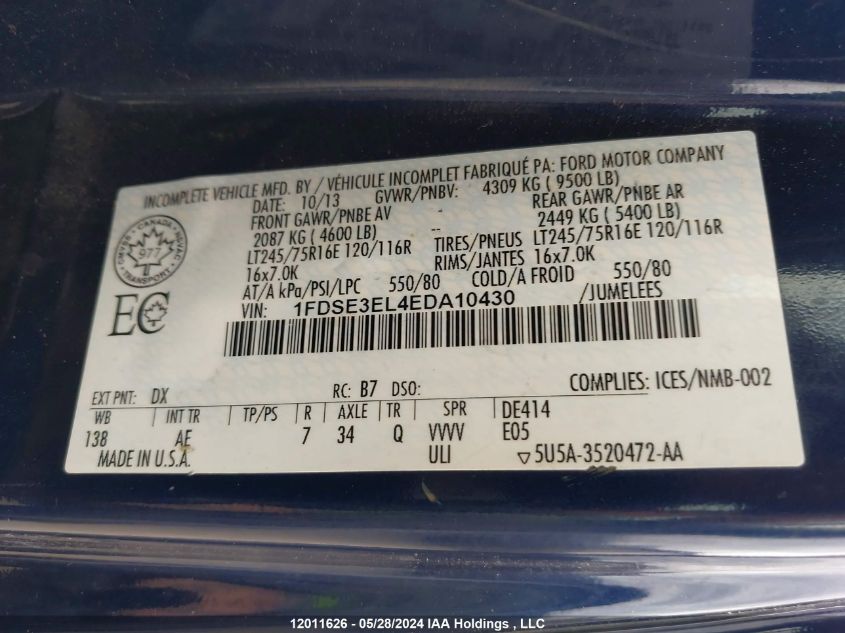 2014 Ford Econoline E350 Super Duty Van VIN: 1FDSE3EL4EDA10430 Lot: 12011626
