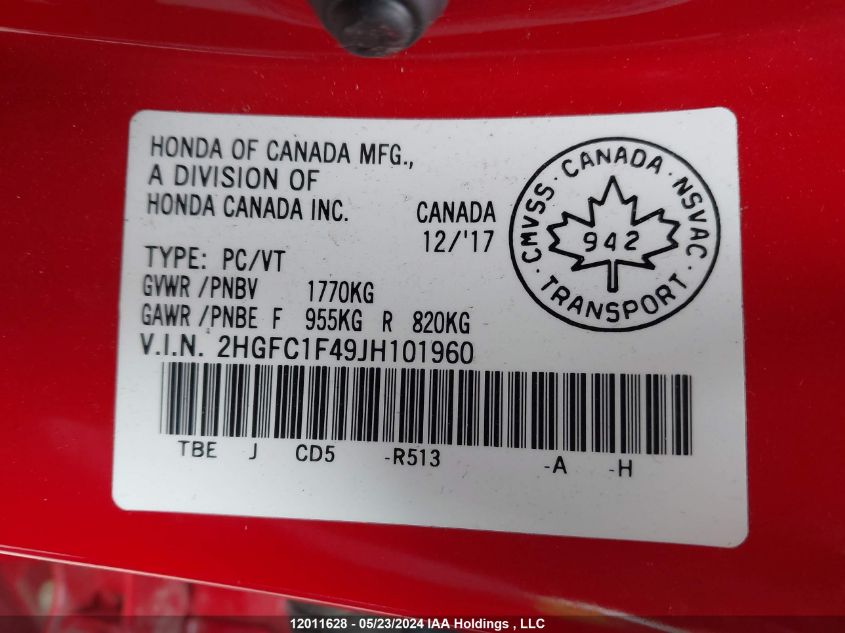 2018 Honda Civic Sedan VIN: 2HGFC1F49JH101960 Lot: 12011628
