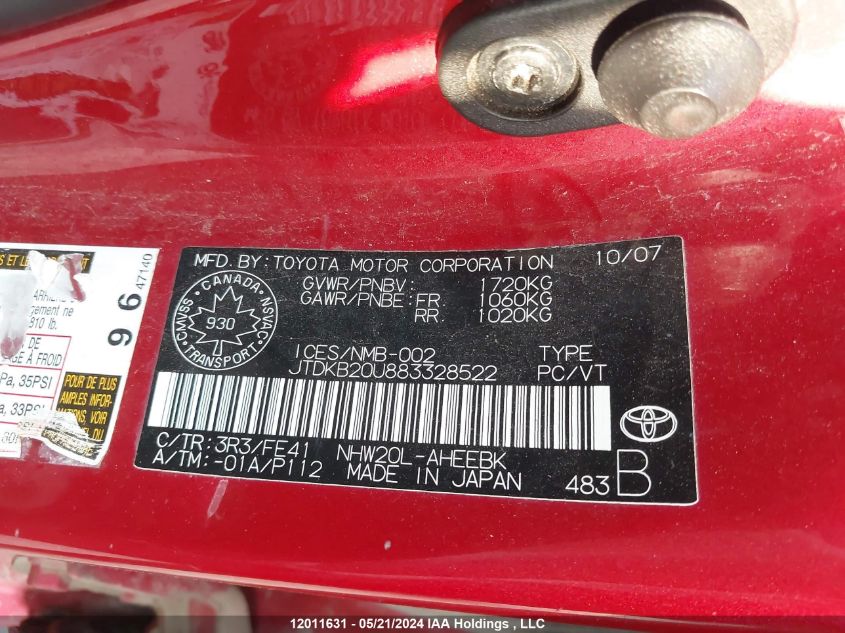 2008 Toyota Prius VIN: JTDKB20U883328522 Lot: 12011631