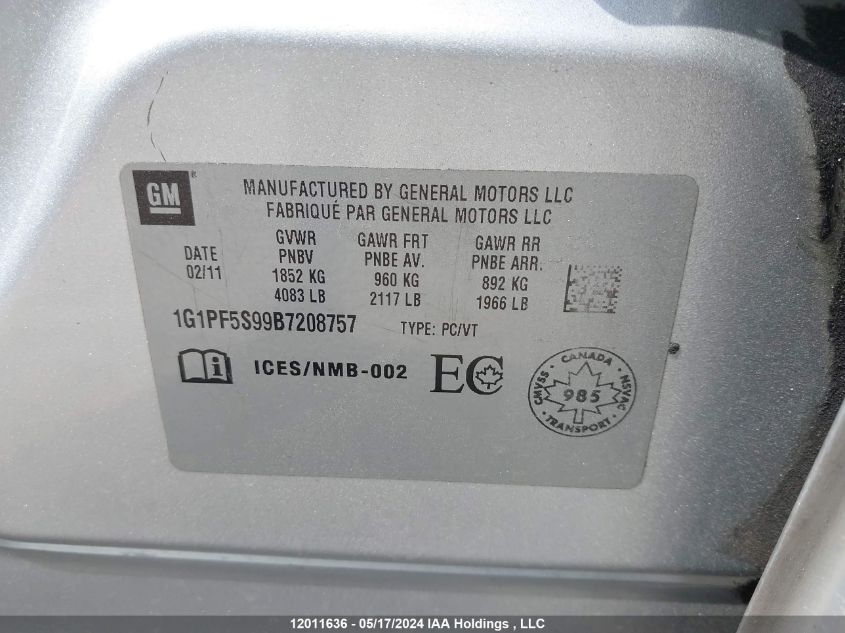 2011 Chevrolet Cruze Lt VIN: 1G1PF5S99B7208757 Lot: 12011636