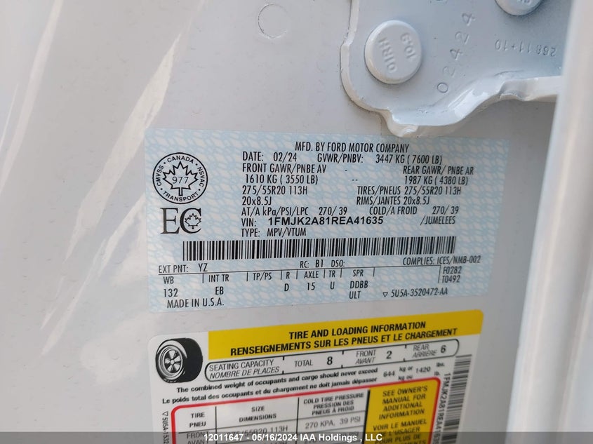 2024 Ford Expedition Max Limited VIN: 1FMJK2A81REA41635 Lot: 12011647