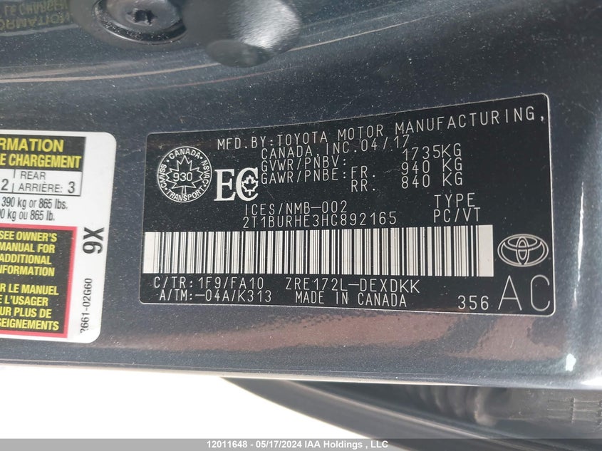 2017 Toyota Corolla L/Le/Xle/Se/Xse VIN: 2T1BURHE3HC892165 Lot: 12011648