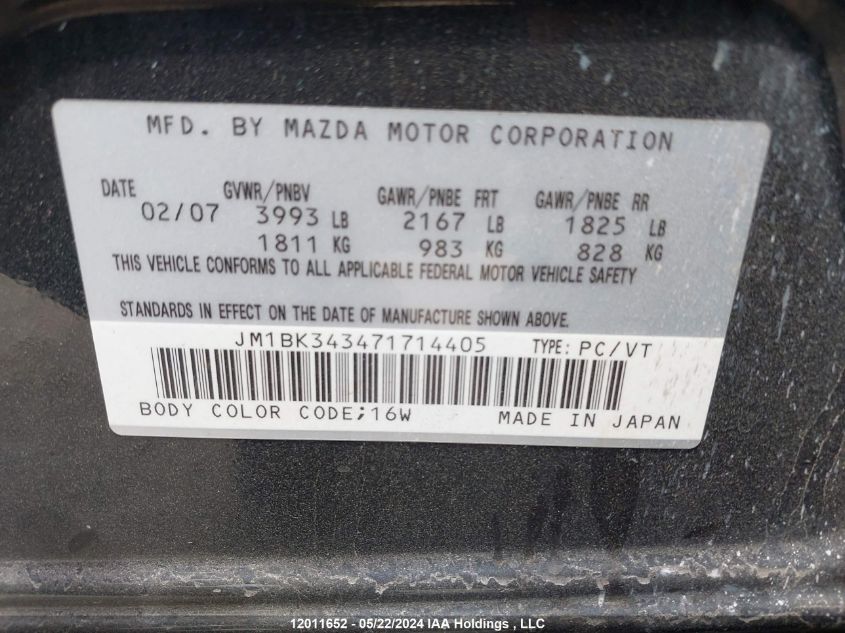 2007 Mazda 3 Mazda . VIN: JM1BK343471714405 Lot: 12011652