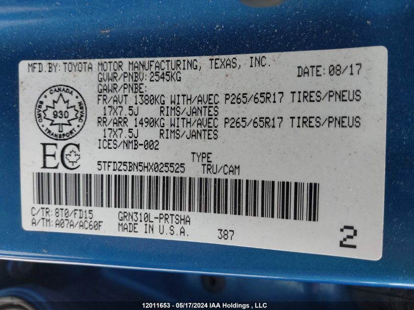 2017 Toyota Tacoma Sr5/Trd Off Road/Trd Sport VIN: 5TFDZ5BN5HX025525 Lot: 12011653