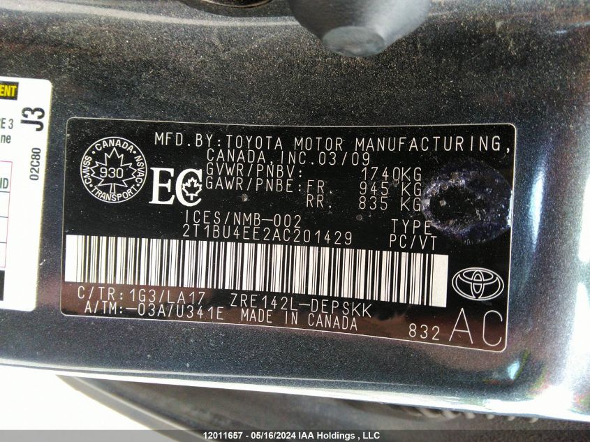 2010 Toyota Corolla S/Le/Xle VIN: 2T1BU4EE2AC201429 Lot: 12011657