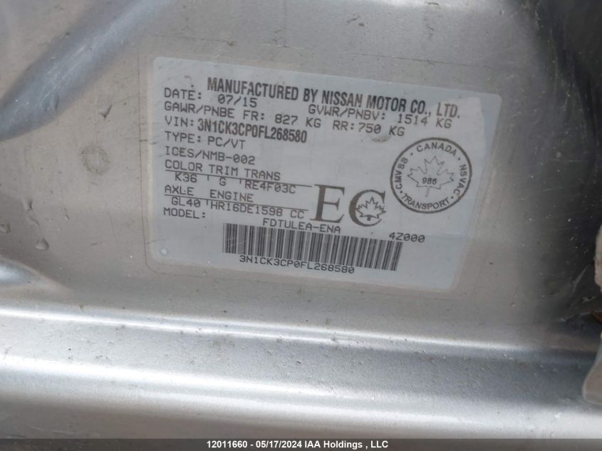 2015 Nissan Micra VIN: 3N1CK3CP0FL268580 Lot: 12011660