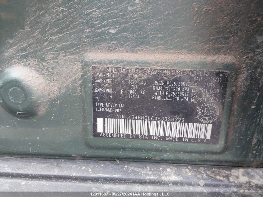 2011 Subaru Outback 2.5I Limited VIN: 4S4BRGLC0B3326326 Lot: 12011687