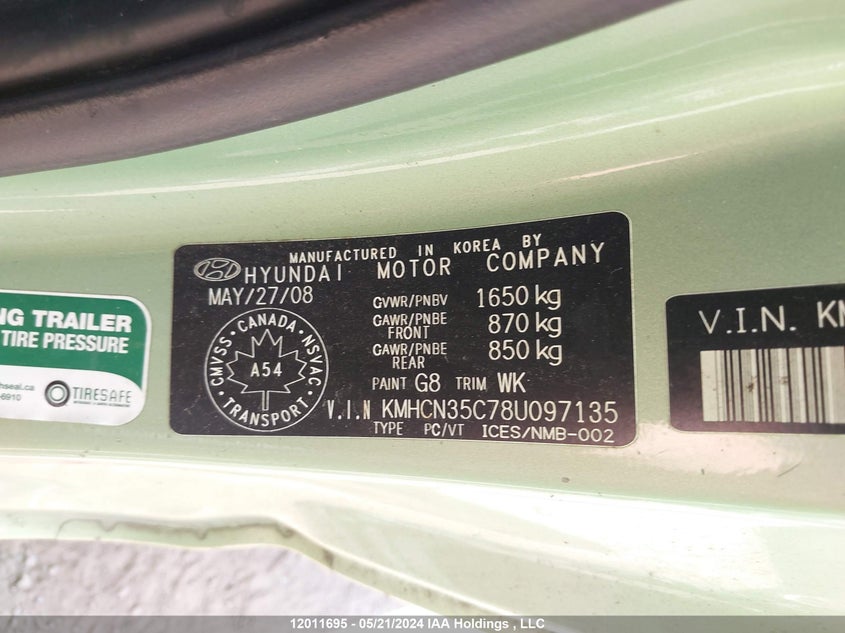 2008 Hyundai Accent VIN: KMHCN35C78U097135 Lot: 12011695