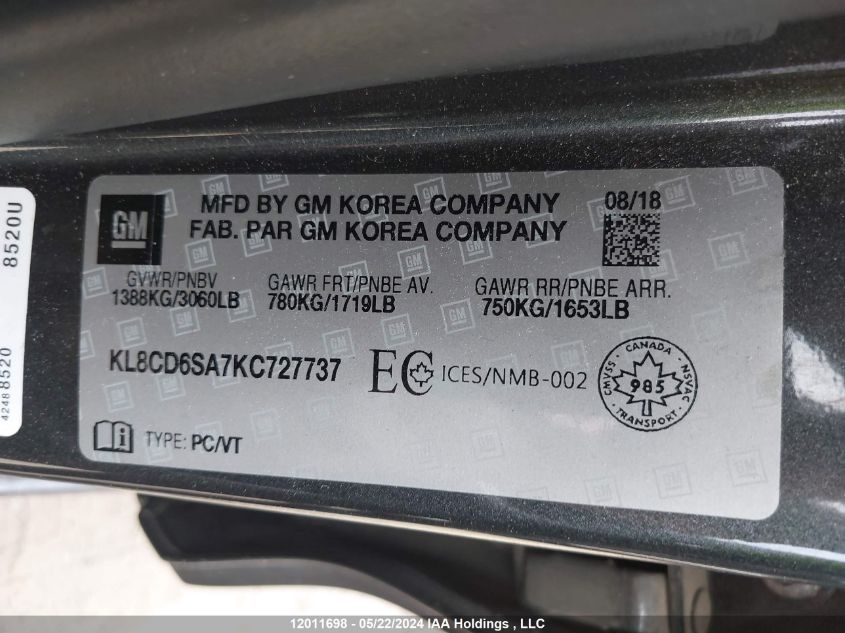 2019 Chevrolet Spark VIN: KL8CD6SA7KC727737 Lot: 12011698