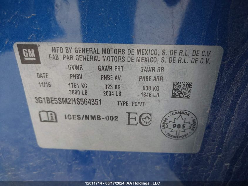 2017 Chevrolet Cruze VIN: 3G1BE5SM2HS564351 Lot: 12011714