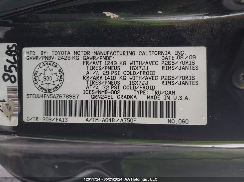 2010 Toyota Tacoma Base V6 VIN: 5TEUU4EN5AZ678987 Lot: 12011724