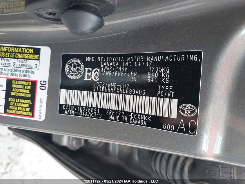 2017 Toyota Corolla L/Le/Xle/Se/Xse VIN: 2T1BURHEXHC899405 Lot: 12011727