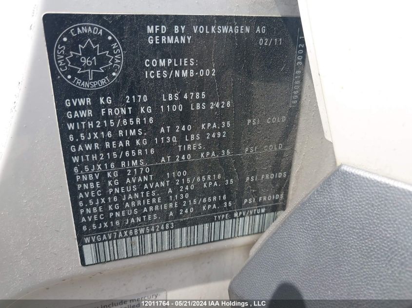 2011 Volkswagen Tiguan VIN: WVGAV7AX6BW542483 Lot: 12011764