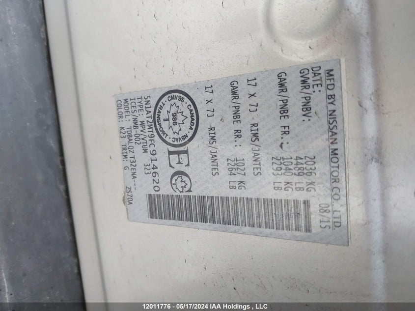 2015 Nissan Rogue VIN: 5N1AT2MT9FC914620 Lot: 12011776