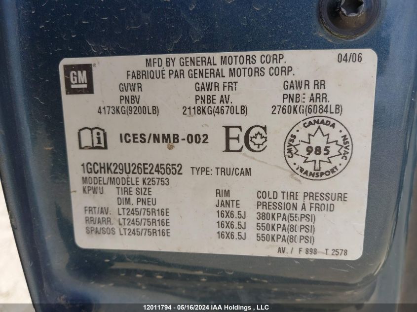 2006 Chevrolet Silverado 2500Hd VIN: 1GCHK29U26E245652 Lot: 12011794