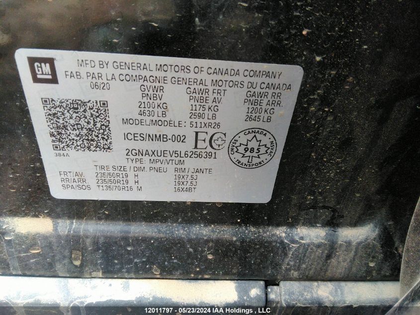 2020 Chevrolet Equinox VIN: 2GNAXUEV5L6256391 Lot: 12011797