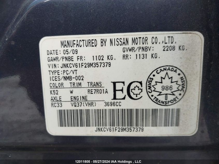 2009 Infiniti G37 VIN: JNKCV61F29M357379 Lot: 12011805