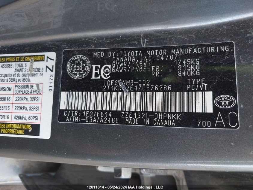 2007 Toyota Corolla Matrix Xr VIN: 2T1KR32E17C676286 Lot: 12011814